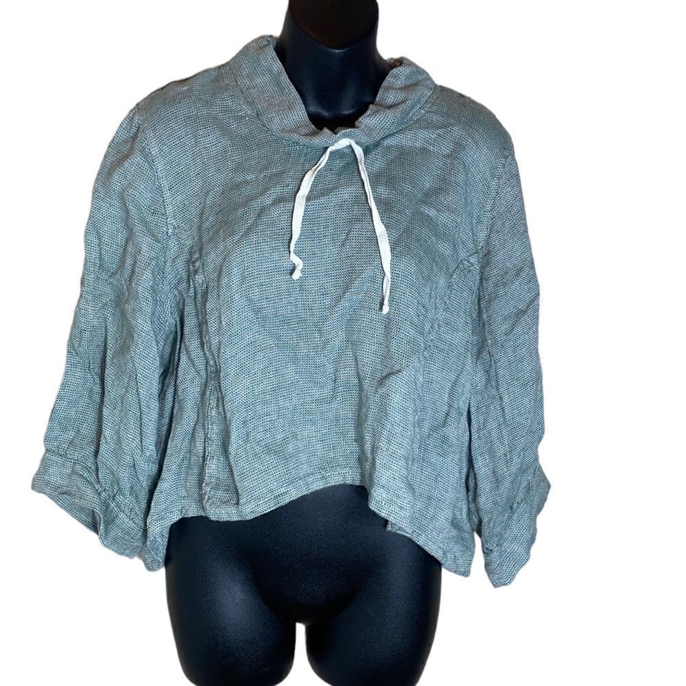 Flax revere linen pullover cropped top woven green/white drawstring p (4-6) brat